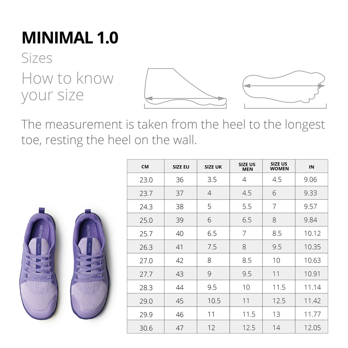 Size guide for Velites | Minimal Training Shoes