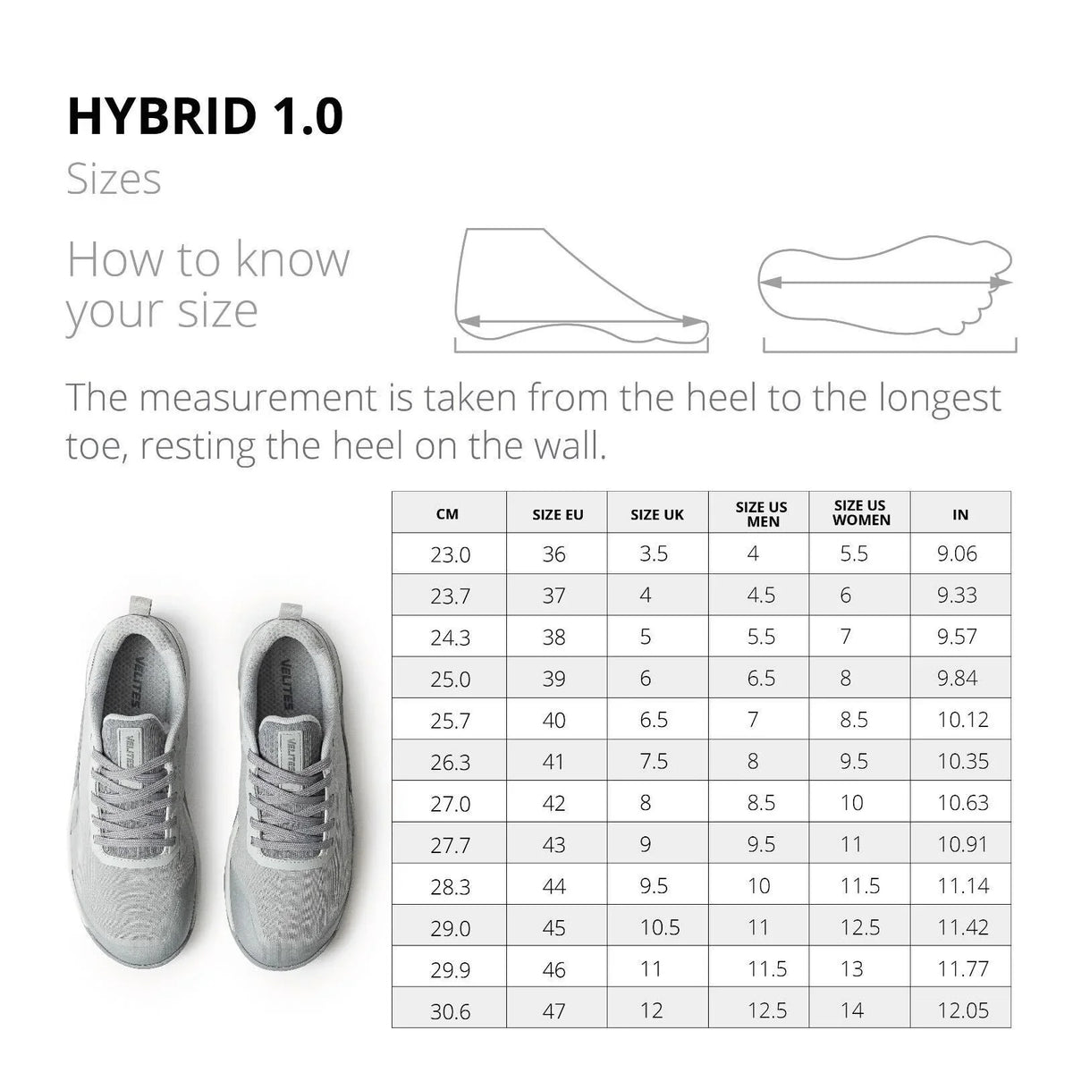 Size guide for Velites | Hybrid 1.0 Shoes